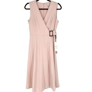 Calvin Klein Belt Trim A Line Surplice V Neck Blush Pink Zip Back Dress Womens 4